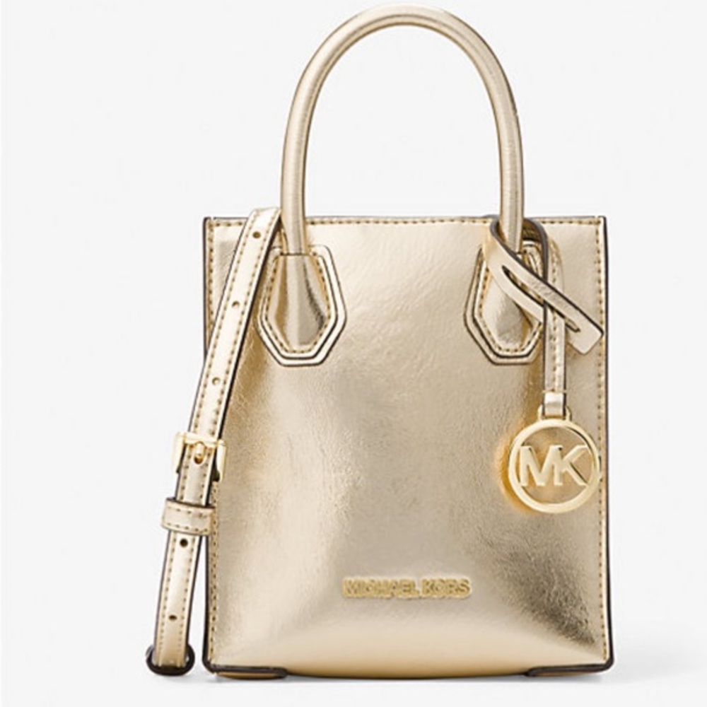 NEW! MICHAEL KORS Mercer Small Patent Crossbody Bag in Pale Gold
